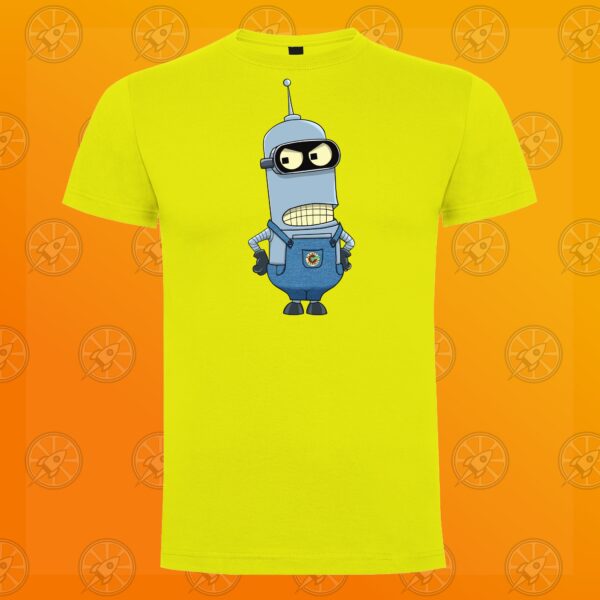 Camiseta de manga corta. Calidad cien por cien algodón. El diseño que tiene estampado en el pecho, representa a un personaje que se parece a BLender de Futurama y otro que parece Mordisquitos, pero con el estilo de los Minions de Gru. El fondo de la imagen donde se encuentra ubicada la camiseta está representado con el nuevo logo de Orange Moon en mosaico en transparencia, sobre un fondo degradado naranja.