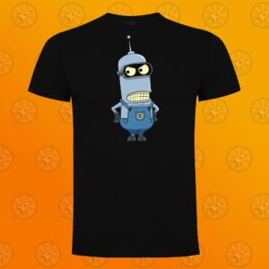 Camiseta de manga corta. Calidad cien por cien algodón. El diseño que tiene estampado en el pecho, representa a un personaje que se parece a BLender de Futurama y otro que parece Mordisquitos, pero con el estilo de los Minions de Gru. El fondo de la imagen donde se encuentra ubicada la camiseta está representado con el nuevo logo de Orange Moon en mosaico en transparencia, sobre un fondo degradado naranja.