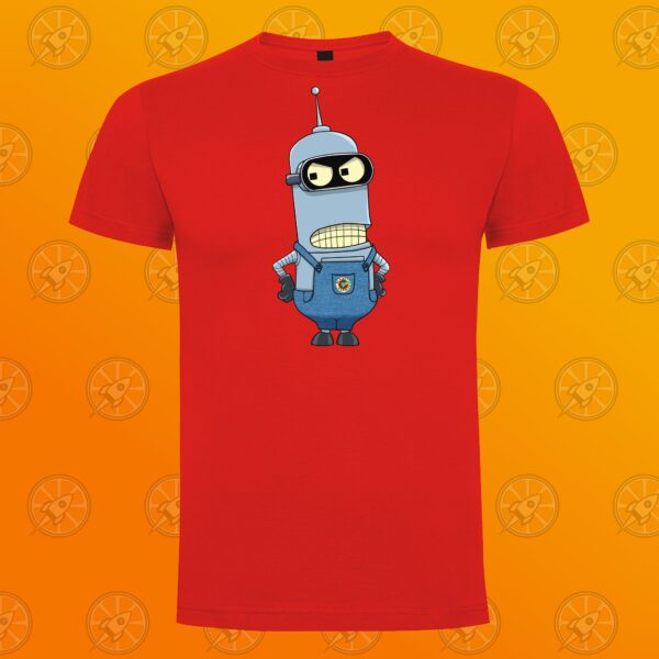 Camiseta de manga corta. Calidad cien por cien algodón. El diseño que tiene estampado en el pecho, representa a un personaje que se parece a BLender de Futurama y otro que parece Mordisquitos, pero con el estilo de los Minions de Gru. El fondo de la imagen donde se encuentra ubicada la camiseta está representado con el nuevo logo de Orange Moon en mosaico en transparencia, sobre un fondo degradado naranja.