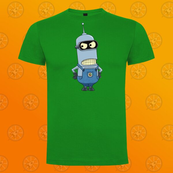 Camiseta de manga corta. Calidad cien por cien algodón. El diseño que tiene estampado en el pecho, representa a un personaje que se parece a BLender de Futurama y otro que parece Mordisquitos, pero con el estilo de los Minions de Gru. El fondo de la imagen donde se encuentra ubicada la camiseta está representado con el nuevo logo de Orange Moon en mosaico en transparencia, sobre un fondo degradado naranja.