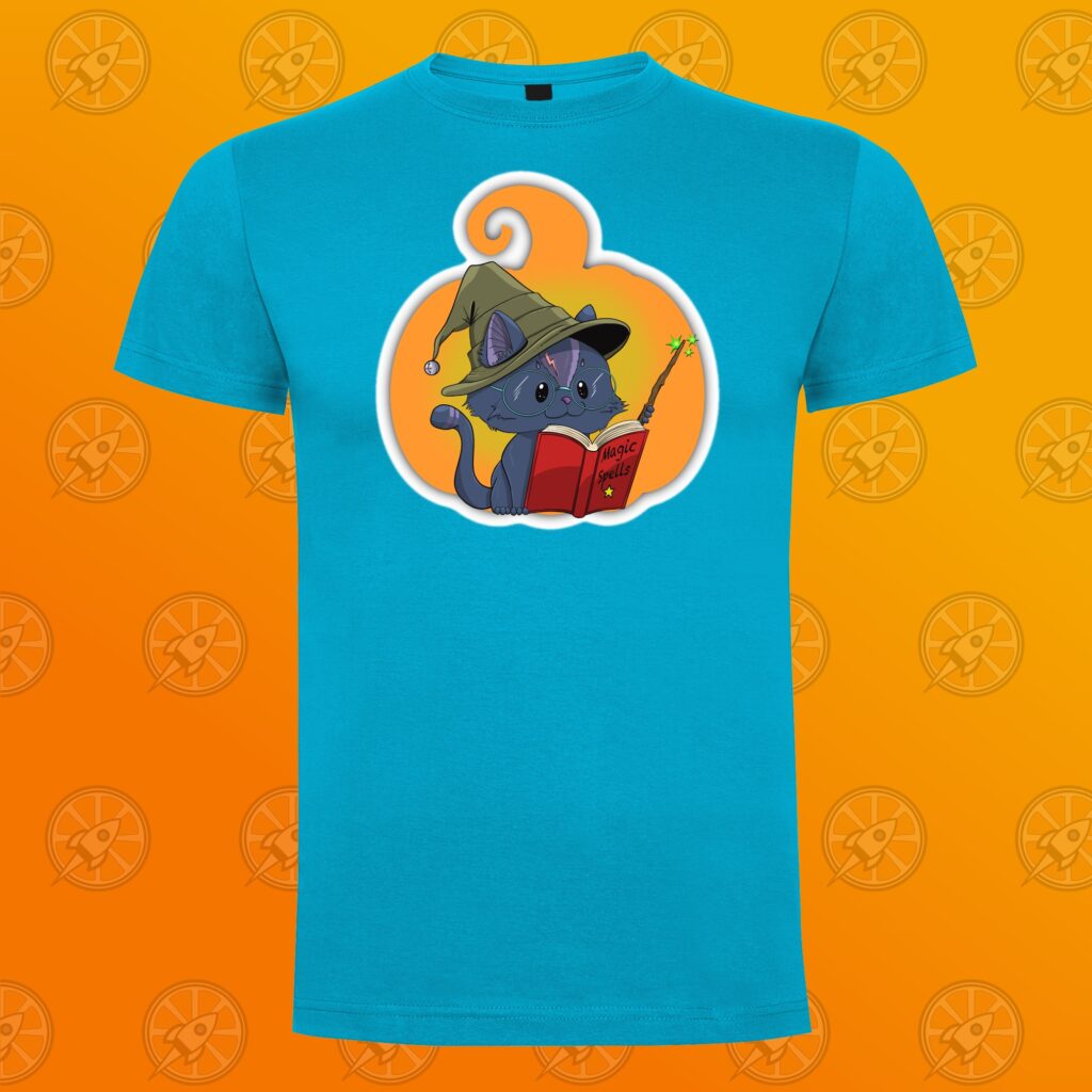 Halloween, Cat, Magic spells, Orange Moon logo, Alexandre Ríos, Ilustracion, camisetas Málaga, Camisetas impresas Málaga, Diseño Málaga, Ilustrador Málaga.