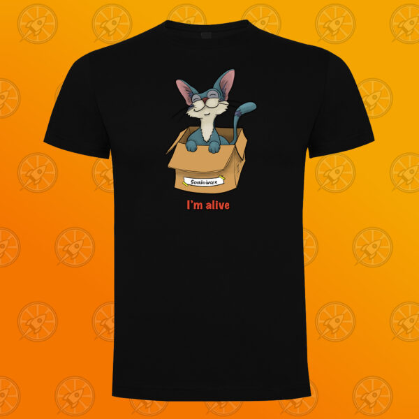 Camiseta de manga corta unisex con diseño "I'm alive". El gato de Schrödinger. - Imagen 3