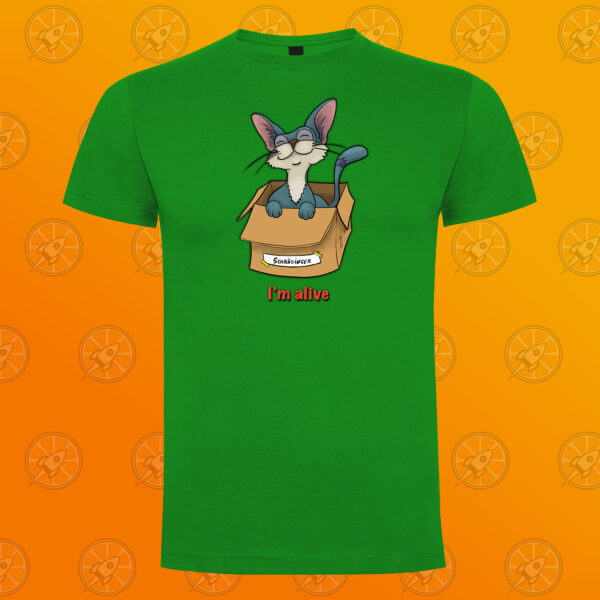 Camiseta de manga corta unisex con diseño "I'm alive". El gato de Schrödinger. - Imagen 4